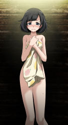 Rule 34 | 1girl, bare legs, black eyes, black hair, blush, breasts, clenched teeth, completely nude, covering privates, creatures (company), game freak, highres, holding, holding clothes, indoors, looking at viewer, medium breasts, nintendo, nude, nude cover, pokemon, pokemon sm, selene (pokemon), sideboob, small breasts, solo, standing, tears, teeth, tsukishiro saika, wooden wall