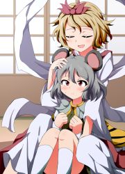 Rule 34 | 2girls, animal ears, animal print, blonde hair, blush, bwell, capelet, closed eyes, commentary request, grey hair, hair ornament, hand on another&#039;s head, headpat, long sleeves, mouse ears, multicolored hair, multiple girls, nazrin, open mouth, pink eyes, shawl, sitting, smile, streaked hair, tiger print, toramaru shou, touhou, wide sleeves