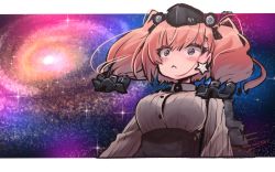 Rule 34 | 1girl, :&lt;, anchor hair ornament, atlanta (kancolle), blush, breasts, brown hair, cat transcendence (meme), commentary request, dated, earrings, grey eyes, hair ornament, hat, jewelry, kantai collection, large breasts, long hair, looking away, meme, n:go, solo, space cat (meme), star (symbol), star earrings, twintails, two side up, upper body