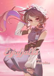 Rule 34 | 1girl, absurdres, animal ears, arknights, arm up, brown hair, character name, closed mouth, cloud, collared dress, commentary request, day, detached sleeves, dress, dun ji, eyjafjalla (arknights), eyjafjalla the hvit aska (arknights), highres, horizon, horns, long sleeves, looking at viewer, ocean, outdoors, pink sky, puffy long sleeves, puffy sleeves, purple dress, red eyes, sheep ears, sheep girl, sheep horns, side ponytail, sky, sleeves past wrists, solo, standing, white sleeves