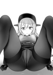 Rule 34 | 10s, 1girl, absurdres, alternate legwear, black pantyhose, blush, breasts, greyscale, hat, highres, kantai collection, large breasts, looking at viewer, low twintails, microskirt, military, military hat, military uniform, monochrome, oouso, panties, panties under pantyhose, pantyhose, pantyshot, peaked cap, pleated skirt, prinz eugen (kancolle), skirt, solo, spread legs, twintails, underwear, uniform, wavy mouth, white panties