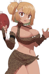 Rule 34 | 1girl, animal print, blonde hair, bone, boned meat, bracer, breasts, brown eyes, cleavage, commentary request, dark-skinned female, dark skin, elbow gloves, eyeliner, fangs, fingerless gloves, food, gloves, green hair, green nails, halterneck, highres, holding, holding food, large breasts, lips, makeup, meat, midriff, multicolored hair, nail polish, original, sarong, sidelocks, simple background, single glove, solo, sumiyao (amam), thighs, two-tone hair, white background