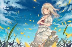 Rule 34 | 1girl, ame sagari, black choker, blue sky, blurry, blurry foreground, blush, book, bow, brown eyes, brown hair, choker, cloud, cloudy sky, collarbone, day, depth of field, dress, floating hair, flower, frilled dress, frills, hair ornament, hairclip, long hair, hugging object, original, outdoors, petals, puffy short sleeves, puffy sleeves, short sleeves, sky, solo, standing, white bow, white dress, yellow flower