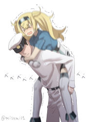 Rule 34 | &gt; &lt;, 1boy, 1girl, admiral (kancolle), belt, black hair, blonde hair, blush, boots, carrying, commentary, english commentary, faceless, faceless male, gambier bay (kancolle), gloves, hairband, hat, kantai collection, misumi (niku-kyu), peaked cap, piggyback, thigh boots, thighhighs, twintails, twitter username, wavy mouth, white gloves