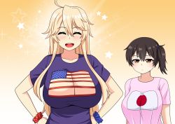 Rule 34 | 2girls, american flag, blonde hair, blue shirt, breasts, brown eyes, brown hair, cleavage, cleavage cutout, closed eyes, clothing cutout, gradient background, highres, iowa (kancolle), japanese flag, kaga (kancolle), kantai collection, large breasts, long hair, multiple girls, open mouth, orange background, pink shirt, scrunchie, shirt, side ponytail, t-shirt, the only shoe, tsurime, upper body, wrist scrunchie