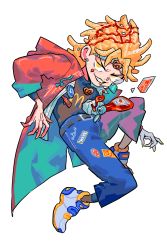 Rule 34 | 1boy, alternate costume, belt, black shirt, blue pants, bulzizzang, denim, dio brando, earrings, food, food on head, french fries, full body, highres, hood, hooded jacket, jacket, jeans, jewelry, jojo no kimyou na bouken, ketchup, lipstick, long jacket, looking at viewer, makeup, male focus, mcdonald&#039;s, nail polish, object on head, pants, parted lips, pretzel, red jacket, shirt, shoes, simple background, smile, solo, stardust crusaders, white background, white footwear, yellow eyes, yellow lips, yellow nails