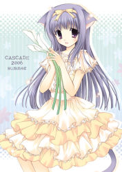 Rule 34 | 00s, 1girl, 2006, animal ears, blue hair, blush, cala lily, cat ears, cat tail, dress, facing viewer, feet out of frame, flower, frills, hasekura chiaki, layered dress, legs together, light blush, lily (flower), long hair, looking at viewer, open mouth, purple eyes, purple hair, short sleeves, smile, solo, summer, tail, yellow dress