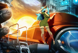 Rule 34 | 1girl, aqua hair, back cover, blue eyes, breasts, cleavage, cloud, cover, curvy, genzoman, hat, large breasts, launch pad, legs, light, long hair, looking at viewer, machinery, military, military uniform, missile, neo xyx, official art, promotional art, salute, science fiction, shoes, skirt, solo, spacecraft, starfighter, sun, uniform