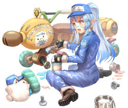 Rule 34 | 1girl, :3, :d, baseball cap, black gloves, blue hair, blue sleeves, boots, brown footwear, character name, commentary, fingerless gloves, full body, gloves, hat, high ponytail, highres, holding, hololive, light blue hair, long sleeves, looking at another, mario (series), mario kart, mitsuru (pixiv 34028718), motor vehicle, motorcycle, multicolored hair, nintendo, open mouth, overalls, paint can, paint splatter, paint splatter on face, paintbrush, pointy ears, screw, simple background, sitting, smile, solid circle eyes, solo, streaked hair, tire, virtual youtuber, wariza, white background, yellow eyes, yukihana lamy, yukimin (yukihana lamy)