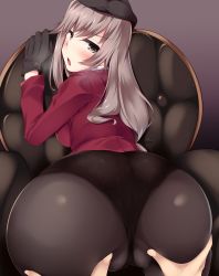 Rule 34 | 1girl, absurdres, armchair, ass grab, beret, black gloves, black headwear, black panties, black pantyhose, blush, breath, chair, commentary, from behind, frown, girls und panzer, gloves, half-closed eyes, hat, highres, jacket, leaning forward, long sleeves, looking back, mature female, nksk, open mouth, out of frame, panties, panties under pantyhose, pantyhose, red jacket, shimada chiyo, shirt, sitting, solo focus, underwear, white shirt