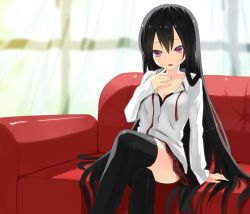 Rule 34 | 1girl, arm support, bad id, bad pixiv id, black hair, black thighhighs, bra, breasts, cleavage, couch, crossed legs, dress shirt, kurasawa moko, lingerie, long hair, long sleeves, open clothes, open shirt, original, pink eyes, plaid, plaid skirt, purple eyes, red upholstery, sheer curtains, shirt, sitting, skirt, solo, thighhighs, underwear, very long hair, window