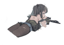 Rule 34 | 1girl, absurdres, ass, back, black pantyhose, breasts, brown hair, commentary, cropped legs, english commentary, gun, highres, load bearing vest, long hair, looking at viewer, looking back, lying, on stomach, original, panties, panties under pantyhose, pantyhose, rifle, scope, simple background, small breasts, solo, sweat, tactical clothes, topless, twintails, underwear, weapon, weapon request, white background, zygocactus
