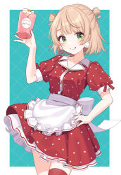 Rule 34 | 1girl, apron, blonde hair, blunt bangs, bow, breasts, cowboy shot, cup, dot nose, dress, earrings, frilled apron, frills, green eyes, grin, hair rings, hand on own hip, holding, holding cup, indie virtual youtuber, jewelry, light blush, looking at viewer, medium breasts, medium hair, official alternate costume, outside border, polka dot, polka dot dress, puffy short sleeves, puffy sleeves, red bow, red dress, shigure ui, shigure ui (vtuber), short sleeves, smile, solo, standing, sweets paradise, virtual youtuber, waist apron, white bow