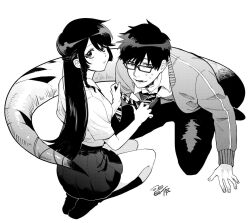 Rule 34 | 1boy, 1girl, ayum k, braid, closed mouth, collared shirt, fangs, full body, glasses, greyscale, hands up, jacket, kagami hajime, kneehighs, leaning forward, long hair, long sleeves, looking at viewer, looking back, miniskirt, monochrome, necktie, open clothes, open jacket, open mouth, oshite dame nara oshitemiro!, pleated skirt, school uniform, seiza, shirt, short hair, short sleeves, signature, simple background, sitting, skirt, slit pupils, snake boy, snake tail, socks, striped necktie, sweat, tail, takarabe tsukushi, teacher and student, white background