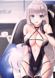 Rule 34 | 1girl, azur lane, black dress, black gloves, black thighhighs, blue eyes, blurry, blurry background, blush, breasts, car, center opening, choker, cleavage, collarbone, commentary request, criss-cross halter, dress, gloves, hair ornament, halter dress, halterneck, hand up, highres, indoors, large breasts, long hair, looking at viewer, mole, mole under eye, motor vehicle, navel, one side up, open mouth, race queen, revealing clothes, shoukaku (azur lane), shoukaku (sororal wings) (azur lane), side ponytail, sidelocks, silver hair, sitting, skindentation, smile, solo, sora (men0105), thighhighs, thighs, very long hair