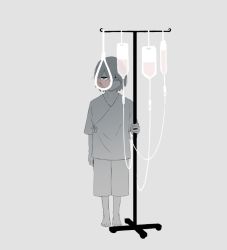 Rule 34 | 1boy, avogado6, barefoot, commentary request, grey background, holding, hospital gown, intravenous drip, looking at viewer, male focus, noose, original, simple background, solo, spot color