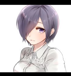 Rule 34 | 1girl, blush, breasts, chii (sbshop), commentary request, framed, framed image, hair over one eye, kirishima touka, letterboxed, light background, long eyelashes, looking at viewer, medium breasts, no nose, open mouth, out of frame, purple eyes, purple hair, shirt, short hair, simple background, solo, tokyo ghoul, white background, white shirt