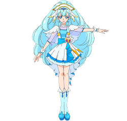 Rule 34 | 10s, 1girl, blue eyes, blue hair, closed mouth, covered collarbone, cure ange, dress, earrings, eyebrows, female focus, full body, hair ornament, hugtto! precure, jewelry, legs together, lips, long hair, looking at viewer, magical girl, official art, precure, simple background, smile, solo, white background, wrist cuffs