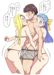 Rule 34 | 1boy, 2girls, ass, bianca (dq5), blonde hair, blue eyes, blue hair, blush, bow, braid, breast press, breasts, choker, closed mouth, commentary request, dragon quest, dragon quest v, earrings, erection, eyebrows, flora (dq5), girl sandwich, hair bow, hair ornament, hand under clothes, hand under shorts, hetero, jewelry, large breasts, long hair, looking at another, mizuryu kei, motion lines, multiple girls, open mouth, pippin (dq5), sandwiched, shiny skin, shorts, simple background, single braid, smile, standing, swimsuit, teeth, tongue, tongue out, translation request, upper teeth only, white background