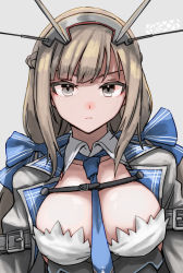Rule 34 | 1girl, artist logo, blonde hair, blue necktie, breasts, closed mouth, collarbone, collared shirt, ergot, grey background, grey eyes, headgear, highres, kantai collection, large breasts, long hair, looking at viewer, maryland (kancolle), necktie, shirt, simple background, sleeveless, sleeveless shirt, solo, upper body, white shirt