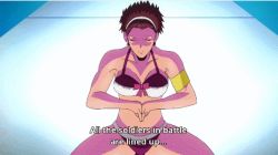 Rule 34 | 10s, 1girl, animated, animated gif, ass, bikini, brown hair, hand signs, keijo!!!!!!!!, lowres, parody, style parody, subtitled, swimsuit, yoshida atsuko