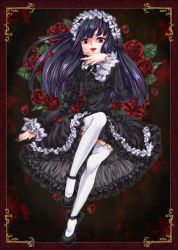 Rule 34 | 1girl, bad id, bad pixiv id, black hair, black nails, dress, female focus, fingernails, flower, frills, gothic lolita, hairband, highres, kano, legs, lips, lolita fashion, lolita hairband, long hair, long sleeves, looking at viewer, mary janes, nail polish, open mouth, original, red eyes, red flower, red rose, rose, shoes, sitting, solo, thighhighs, white thighhighs
