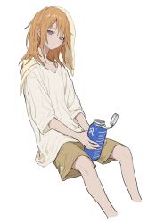 Rule 34 | 1girl, baggy clothes, bottle, brown shorts, closed mouth, cropped legs, highres, holding, holding bottle, idolmaster, idolmaster cinderella girls, invisible chair, light oooo, long hair, looking at viewer, loose clothes, loose shirt, orange hair, purple eyes, shirt, shorts, simple background, sitting, solo, towel, towel on head, water bottle, wet, wet hair, white background, white shirt, yuuki haru