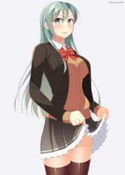 Rule 34 | 10s, 1girl, aqua hair, bad id, bad proportions, bad twitter id, bow, bowtie, breasts, brown jacket, frilled skirt, frills, grey background, jacket, kankitsunabe (citrus), kantai collection, long hair, long sleeves, looking at viewer, medium breasts, pleated skirt, purple eyes, red bow, red bowtie, remodel (kantai collection), shirt, simple background, skirt, solo, suzuya (kancolle), thighhighs, twitter username, upper body, white shirt
