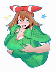 Rule 34 | 1girl, bandana, blue eyes, blush, grabbing another&#039;s breast, breasts, creatures (company), game freak, grabbing, huge breasts, may (pokemon), may (pokemon oras), maydrawfag, nintendo, open mouth, pokemon, surprised, sweater