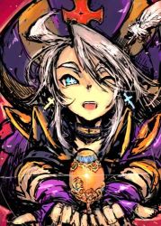 Rule 34 | 1boy, aged down, child, christopher-kun (fate), christopher columbus (fate), collar, collared jacket, cross, cross earrings, earrings, egg, fate/grand order, fate (series), feathers, fingerless gloves, gem, gloves, gold, grey hair, hair between eyes, hat, hat ornament, jacket, jewelry, long hair, looking at viewer, lowres, male focus, moto murabito, one eye closed, open mouth, own hands together, red background, simple background, smile, solo, sparkle, sparkling eyes, white hair