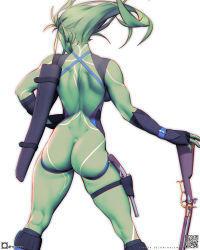 Rule 34 | 1girl, alien, ass, back, back tattoo, backless outfit, black gloves, black socks, colored skin, commission, dimples of venus, fingerless gloves, from behind, full-body tattoo, gloves, green hair, green skin, gun, handgun, highres, holding, holding gun, holding weapon, holster, holstered, imryll (orichalchon), kneepits, long hair, muscular, muscular female, no panties, original, orihalchon, planted, pointy ears, qr code, rifle, socks, solo, tattoo, thick thighs, thigh holster, thighs, vambraces, weapon