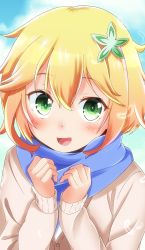 Rule 34 | 1girl, :d, absurdres, blonde hair, blue scarf, blush, commentary request, feathers, flower, gabriel dropout, green eyes, green flower, hair between eyes, hair flower, hair ornament, highres, looking at viewer, medium hair, miso bon, open mouth, scarf, smile, solo, tapris chisaki sugarbell, upper body