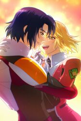 Rule 34 | 1boy, 1girl, athrun zala, blonde hair, blue hair, cagalli yula athha, close-up, couple, green eyes, gundam, gundam seed, gundam seed freedom, hands on another&#039;s back, holding, holding jewelry, holding necklace, hug, jewelry, looking at another, lukaaa, mutual hug, necklace, pilot suit, ring, short hair, smile, sunset, twitter username, yellow eyes