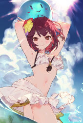 Rule 34 | 1girl, ahoge, arms up, atelier (series), atelier sophie, bikini, blue sky, breasts, brown eyes, closed mouth, cloud, cloudy sky, frilled bikini, frills, medium breasts, medium hair, navel, official art, outdoors, partially submerged, red hair, second-party source, sky, smile, solo, sophie neuenmuller, sunlight, swimsuit, toridamono, wet