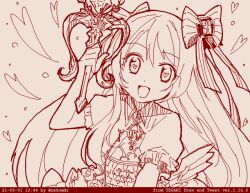 Rule 34 | 1girl, chaos marie (grimms notes), cleavage cutout, clothing cutout, frills, grimms notes, hair ribbon, heart, heart-shaped pupils, holding, holding wand, holding weapon, jewelry, long hair, monochrome, nekomdr, open mouth, pendant, puffy short sleeves, puffy sleeves, ribbon, short sleeves, simple background, smile, solo, symbol-shaped pupils, tegaki draw and tweet, upper body, wand, weapon, wings