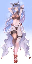 Rule 34 | 1girl, animal ear fluff, animal ears, arm belt, armpits, arms behind head, arms up, bikini, black bikini, black thighhighs, blue hair, breasts, cat ears, cleavage, commentary, drone (drone 37), eyewear on head, full body, highleg, highleg bikini, highres, large breasts, long hair, looking at viewer, mole, mole under eye, multi-strapped bikini bottom, navel, original, parted lips, red footwear, sarong, shoes, simple background, single thighhigh, smile, solo, standing, sunglasses, swimsuit, symbol-only commentary, thighhighs, walking, white sarong, yellow eyes