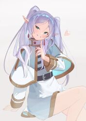 Rule 34 | 1girl, bare legs, belt, belt buckle, buckle, capelet, cic tatsumi, commentary request, earrings, frieren, green eyes, grey hair, grin, half-closed eye, head tilt, heart, highres, jewelry, long sleeves, looking at viewer, no legwear, parted bangs, shirt, simple background, sitting, skirt, smile, solo, sousou no frieren, striped clothes, striped shirt, twintails, white background, white capelet, white skirt