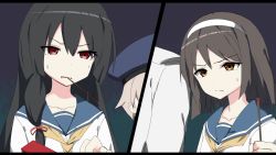 Rule 34 | 10s, 3girls, admiral (kancolle), black hair, brown eyes, brown hair, eyes visible through hair, food, frown, hair between eyes, hair over shoulder, hair ribbon, hairband, heavens thunder (byakuya-part2), height difference, highres, isokaze (kancolle), kantai collection, long hair, looking at another, mouth hold, multiple girls, neckerchief, outside border, pocky, portrait, red eyes, red ribbon, ribbon, sailor collar, school uniform, short hair, sidelocks, sweat, tanikaze (kancolle), yellow neckerchief, z1 leberecht maass (kancolle)
