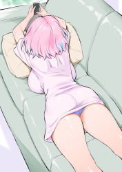 Rule 34 | 1girl, ahoge, ass, back, bare legs, blouse, breasts, cellphone, couch, from above, from behind, holding, holding phone, idolmaster, idolmaster cinderella girls, indoors, inu (aerodog), large breasts, lying, multicolored hair, no pants, on couch, on stomach, panties, pantyshot, phone, pillow, pink hair, pink shirt, purple panties, shirt, short hair, short sleeves, simple background, smartphone, solo, t-shirt, thighs, two-tone hair, underwear, yumemi riamu