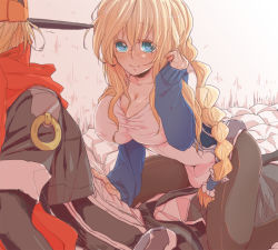 Rule 34 | 1boy, 1girl, bad id, bad pixiv id, blonde hair, blue eyes, blush, bodysuit, breasts, cleavage, couple, front-seamed legwear, girl on top, hands on another&#039;s chest, hetero, hjm, huge breasts, kyoukaisenjou no horizon, long hair, mary stuart, mask, pantyhose, scar, scarf, seamed legwear, tenzou crossunite