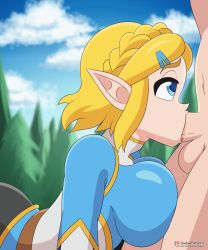 Rule 34 | 1boy, 1girl, animated, animated gif, blonde hair, blue eyes, braid, breast press, breasts, clothed sex, deepthroat, fellatio, hair ornament, hetero, large breasts, nintendo, oral, penis, pointy ears, princess zelda, testicles, the legend of zelda, the legend of zelda: breath of the wild, uncensored