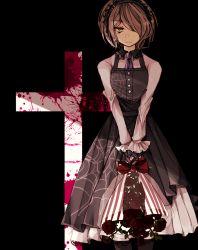 Rule 34 | 1girl, black background, black dress, black gloves, black pantyhose, blonde hair, blood, blood splatter, blue necktie, bow, commentary request, danganronpa (series), danganronpa v3: killing harmony, dress, feet out of frame, flower, gloves, gomabu (rirurutennsi), green eyes, hair over one eye, holding, lace, lace-trimmed dress, lace trim, long sleeves, looking at viewer, maid headdress, necktie, pantyhose, red bow, red flower, shirt, short hair, simple background, solo, spider web print, standing, tojo kirumi, v arms, white shirt