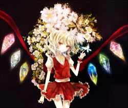 Rule 34 | 1girl, bad id, bad pixiv id, black background, blonde hair, bug, butterfly, female focus, flandre scarlet, flower, insect, large wings, looking at viewer, no headwear, prino hawell, red eyes, short hair, side ponytail, simple background, skirt, skirt set, solo, touhou, wings, wrist cuffs