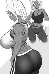 Rule 34 | 1girl, animal ears, ass, bare arms, bare shoulders, black pants, black sports bra, boku no hero academia, breasts, cleavage, contrapposto, dark-skinned female, dark skin, greyscale, hand on own hip, hand on own chest, highres, huge ass, lady shin, large breasts, long eyelashes, long hair, looking at viewer, midriff, mirko, monochrome, multiple views, muscular, muscular female, navel, no tail, pants, parted bangs, profile, rabbit ears, rabbit girl, smile, sports bra, sportswear, thighs, tight clothes, tight pants, very long hair, white hair, white sports bra, yoga pants