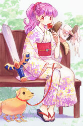 Rule 34 | 1girl, balloon animal, balloon sword, bird, blunt bangs, blush, candy apple, chimaera (dragon quest), closed mouth, commentary request, dragon quest, dragon quest ii, earrings, flat chest, floral print, food, full body, hair ornament, hair scrunchie, high ponytail, highres, holding, holding food, japanese clothes, jewelry, kimono, long hair, looking at viewer, obi, on bench, outdoors, pink nails, princess of moonbrook, purple eyes, red eyes, sandals, sash, scrunchie, sitting, smile, yuza, zouri
