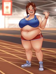 Rule 34 | 1girl, bad id, bad twitter id, belly, black eyes, blush, breasts, brown hair, cleavage, fat, full body, highres, huge breasts, large breasts, looking at viewer, original, plump, short hair, smile, solo, standing, thick thighs, thighs, toroboro