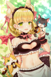 Rule 34 | 1girl, ahoge, animal ear fluff, animal ears, blonde hair, blush, bow, breasts, cat, cat ears, cat tail, cleavage, cleavage cutout, clothing cutout, curly hair, detached collar, green eyes, hair bow, headdress, houchi shoujo, large breasts, looking at viewer, naomi (fantasia), navel, open mouth, outdoors, petting, pink bow, red bow, short hair, smile, solo, sparkle, standing, tail, tail bow, tail ornament