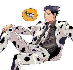 Rule 34 | 1boy, ace attorney, animal print, belt, black hair, black shirt, cow print, feet out of frame, green (grimy), hand on own knee, highres, invisible chair, jacket, knee up, male focus, necktie, phoenix wright, print necktie, print neckwear, shirt, simple background, sitting, solo, spiked hair, spoken animal, white background