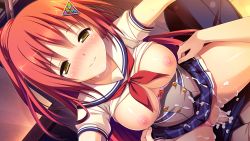 Rule 34 | 1boy, 1girl, blush, breasts, breasts out, clothed sex, cum, cum in pussy, game cg, hair ornament, hands on another&#039;s hips, happy, happy sex, komorie sousuke, large breasts, long hair, narutaki maho, nipples, red hair, school uniform, smile, suki to suki to de sankaku renai, yellow eyes