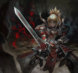 Rule 34 | 1girl, armor, armored boots, blonde hair, blush, boots, breastplate, clarent (fate), fate/apocrypha, fate (series), faulds, gauntlets, green eyes, grin, hair ornament, hair scrunchie, holding, holding sword, holding weapon, legs apart, looking at viewer, mordred (fate), mordred (fate/apocrypha), pauldrons, ponytail, scrunchie, shoulder armor, smile, solo, standing, sword, teeth, visqi, weapon